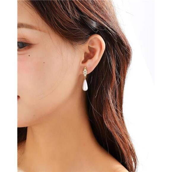 14K Gold-Plated Pearl Drop Earrings – Diamond Zircon Accents, Hypoallergenic - Picture 2 of 5